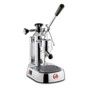 La Pavoni Europiccola Lusso Coffee Machine in polished chrome finish featuring a classic lever design, large boiler, drip tray, and manual pressure control lever, displayed on white background showcasing its iconic Italian craftsmanship and professional-grade espresso brewing capabilities.