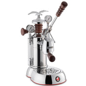 La Pavoni Esperto Abile Coffee Machine featuring a polished chrome body with wooden handles, dual pressure gauges, eagle-topped lever, and drip tray, professional-grade manual espresso maker for specialty coffee brewing and pressure control