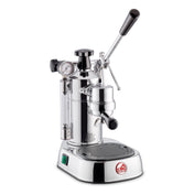 La Pavoni Professional Lusso coffee machine in polished chrome finish, featuring a manual lever, pressure gauge, drip tray, and steam wand. Professional-grade espresso maker with classic Italian design and compact footprint for home baristas.