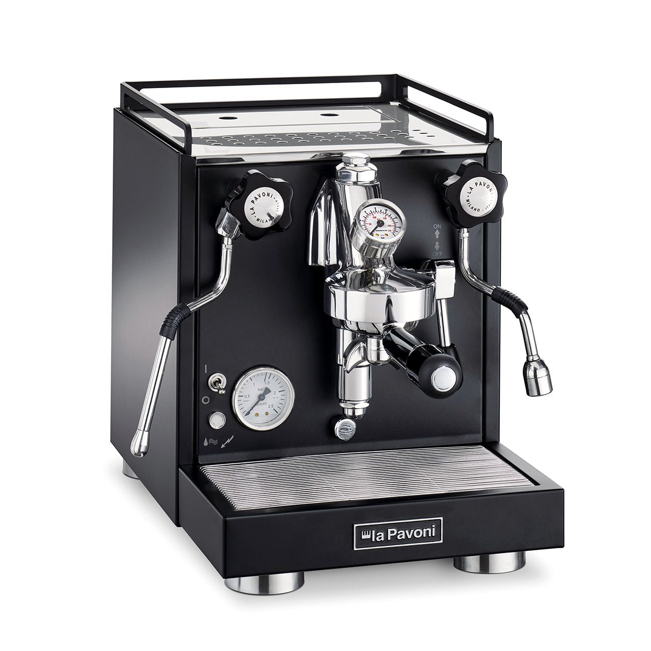 La Pavoni Cellini Classic coffee machine in sleek black finish featuring E61 group head, pressure gauge, chrome accents, dual steam wands, and drip tray on a professional-grade espresso maker designed for home use.