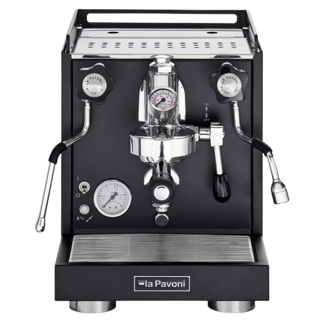 La Pavoni Cellini Classic espresso machine in sleek black finish featuring E61 group head, pressure gauge, dual steam wands, and chrome accents. Professional-grade domestic coffee machine with commercial components and precise pressure control system.