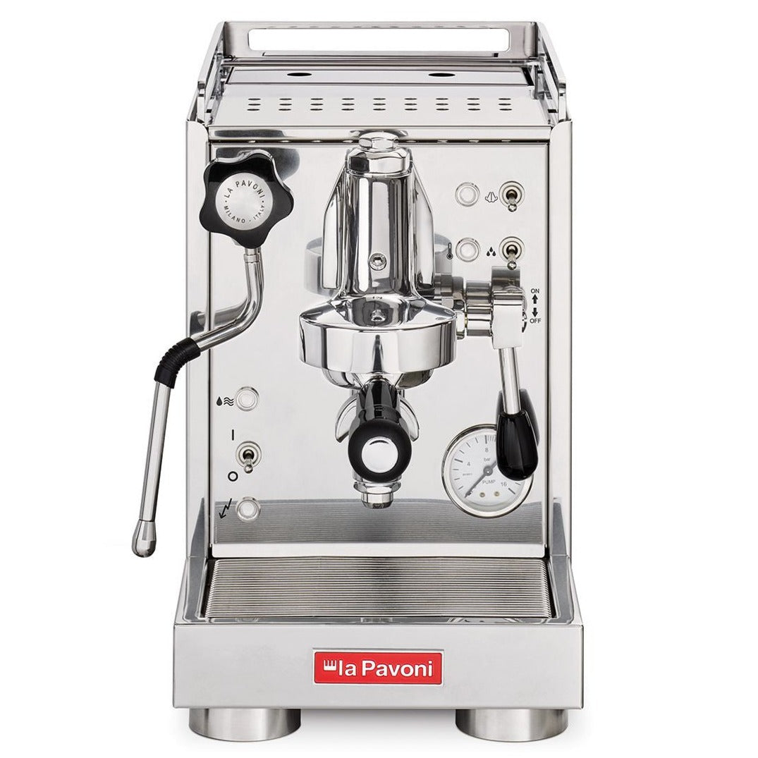 La Pavoni Cellini Mini Coffee Machine in sleek stainless steel, featuring professional E61 group head, steam wand, and pressure gauge. Compact semi-professional espresso maker with polished chrome finish and intuitive control panel mounted on front.